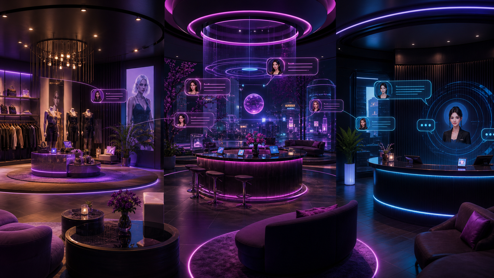 Boutique, lounge and reception contexts with AI hosts